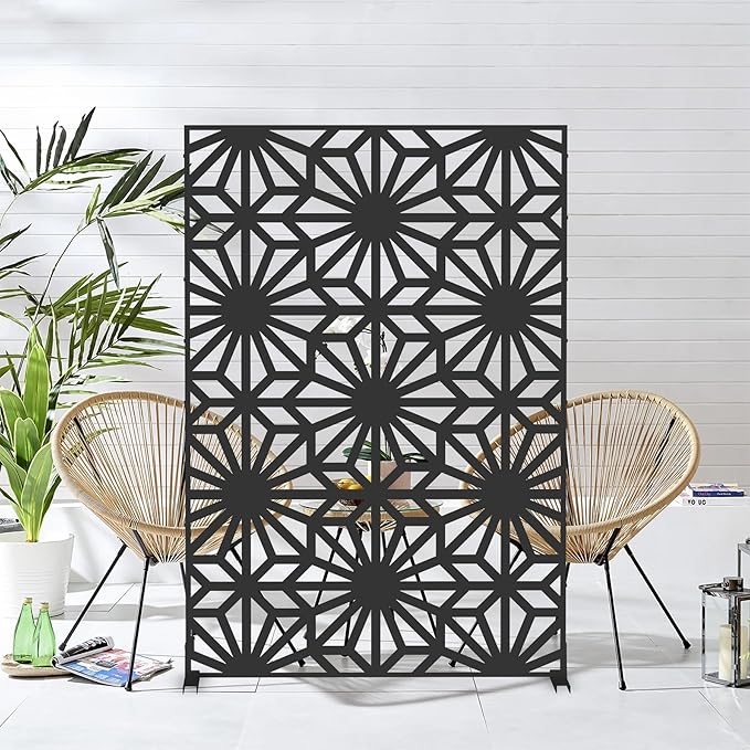 Domi Metal Privacy Screens and Panels with Free Standing, Freestanding Outdoor Indoor Privacy Screen, Decorative Privacy Screen for Balcony Patio Garden, Sun Flower Shape