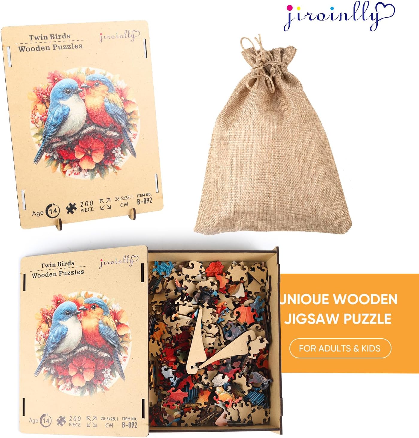 Wooden Jigsaw Puzzles -Twin Birds Wooden Puzzles for Adults, 200 Pcs Size 11.3'' x 11'', Luxurious Shaped Wood Puzzle, Beautiful Package, Best Gift for Adults, Family Game