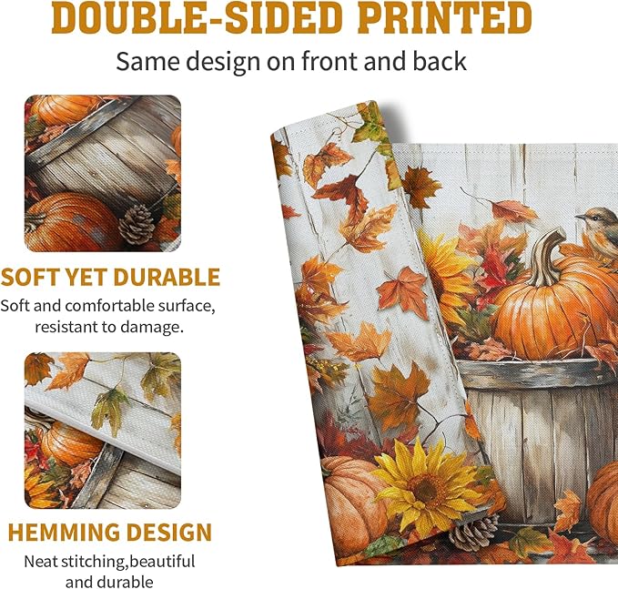 Fall Placemats 12x18 Inch Set of 4 Pumpkin Maple Leaves Sunflower Bird Linen Place Mat Burnt Orange Autumn Thanksgiving Harvest Table Mats for Party Kitchen Dining Decoration