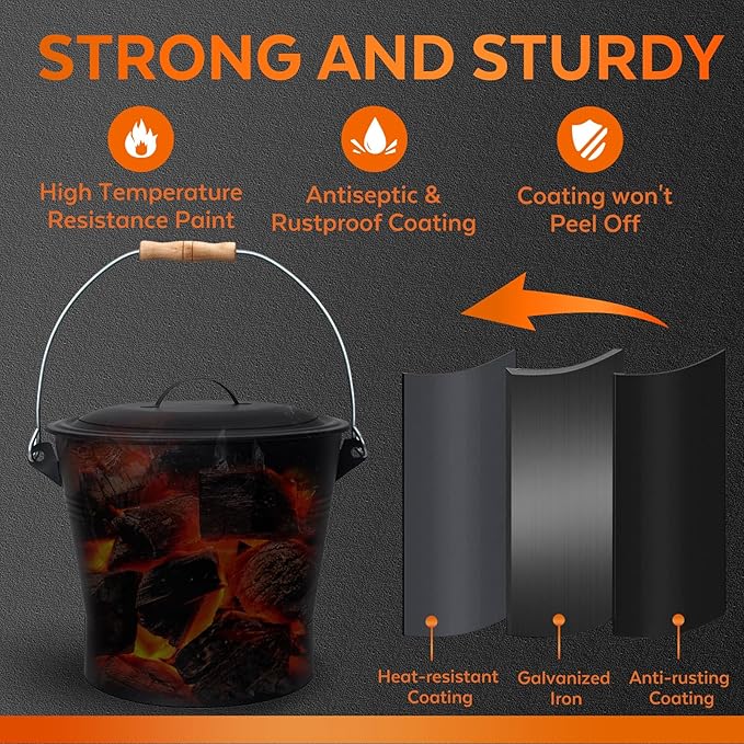 Ash Bucket with Lid and Shovel, 2.6 Gallon Metal Fireplace Ash Bucket with Broom, Complete Fireplace Tools Set for Wood Stove and Fireplace