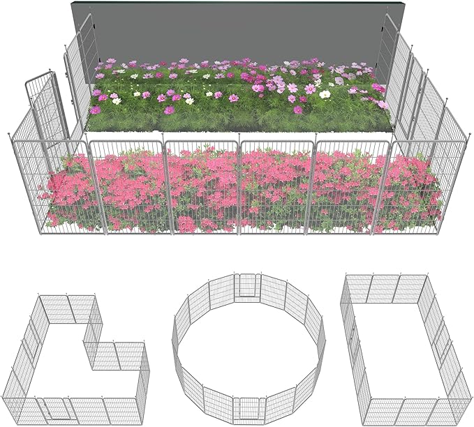FXW Garden Fence Outdoor for The Yard – 45in(H) x 36.4ft(L) Heavy Duty Metal Animal Barrier for Dog and Rabbit, Decorative Dog Fence, 16 Panels, Silver
