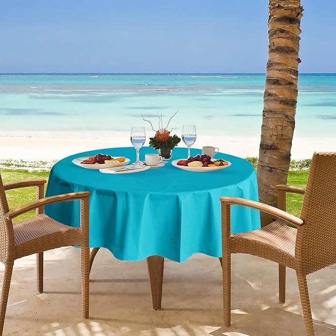 Nasitos 2 Pack Vinyl Tablecloth - Round 60 Inch, Plastic Teal Table Cloths with Flannel Backing, Stain Resistant, Decorative Fabric Tablecloths for Dining Table, Buffet Parties and Camping