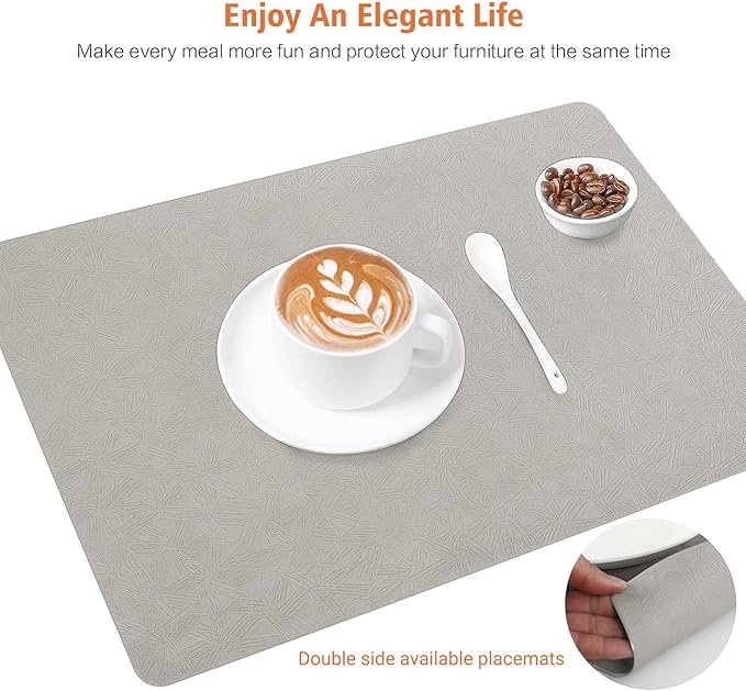 Vinyl Placemats Set of 4 Heat Resistant Easy Clean Non-Slip Place Mats for Dining Table. Faux Leather Waterproof Stain Resistant Wipeable Washable PU Table Mats(4, Light Gray)