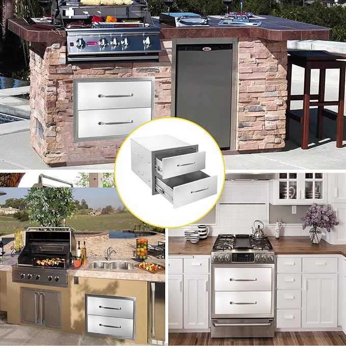 Outdoor Kitchen Drawers 18" W x 15" H x 23" D Flush Mount Double layer BBQ Drawers with Chrome Handle,Stainless Steel Built-in 2-Drawer for Outdoor Kitchen Island, Patio Grill Station