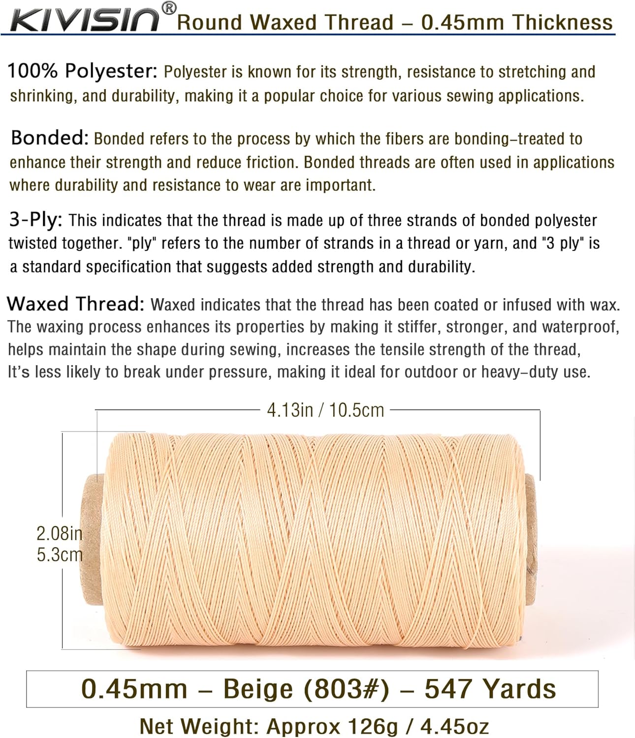 Thin Wax Polyester Thread, 0.45mm, 547 Yards, 3 Ply Round Waxed Cord Strings for Sewing, Beading, Binding, Micro Braiding, Fine Leather Craft and Micro Macrame Jewelry - Beige