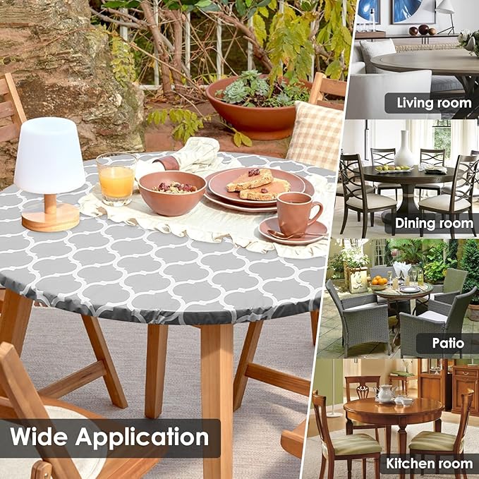 2 Pcs Round Picnic Tablecloth, Waterproof Elastic Fitted Table Covers, Elastic Edge Table Cover Indoor Outdoor Round Fits 43"-55" Round Table Cloth, Oilproof Wipeable Protector for Camping (Grey)
