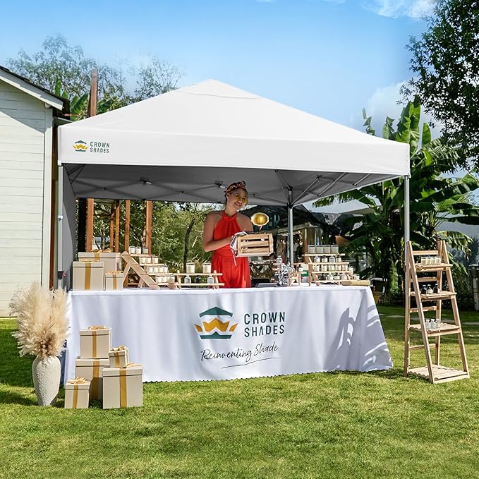 CROWN SHADES 8x8 Pop Up Canopy with 1 Side Wall - Beach Tent with One Push Setup - Outdoor Sun Shade for Events, Parties, Camping - Gazebo with STO-N-Go Cover Bag (White)