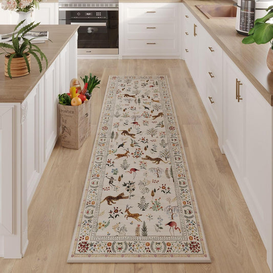 Rugcomf Runner Rug for Kitchen Non Slip 2'6''x8' Washable Rugs with Rubber Backing Soft Floral Animal Carpet Runner for Kitchen, Laundry, Bedroom, Bathroom (Beige)