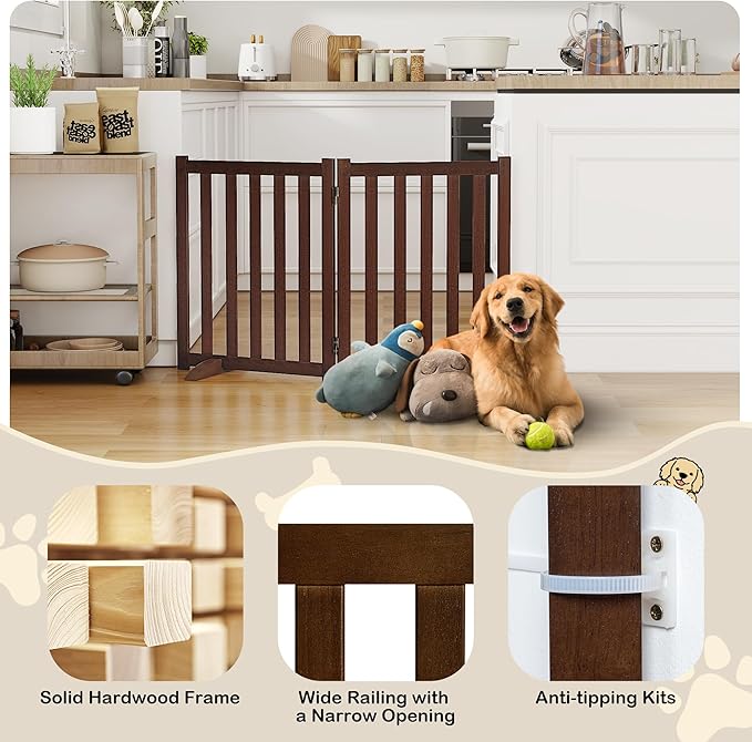 24" Height Tall Freestanding Pet Gate, Solid Wood Folding Safety Fence Wooden Dog Gate with 2 PCs Support Feet Ideal for Stairs, Doorways, Halls, Kitchens, Heavy Duty Gates, 2 Panels, Walnut