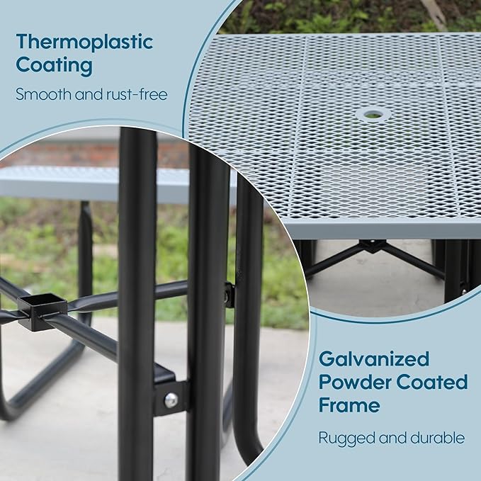 46'' Square Metal Picnic Table for Outdoors, Commercial Steel Metal Picnic Tables, Heavy Duty Sturdy Picnic Tables Furniture Set for Patio Garden Courtyard BBQ, with Umbrella Hole, Grey