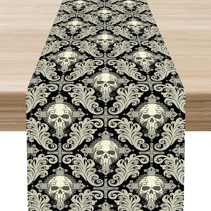 Skull Table Runner, Retro Antique Gothic Damask Pattern Classic Halloween Boho Black Coffee Vintage Table Center Decor for Kitchen and Dining Outdoor Home Country Party Table Decorations, 13"x36"