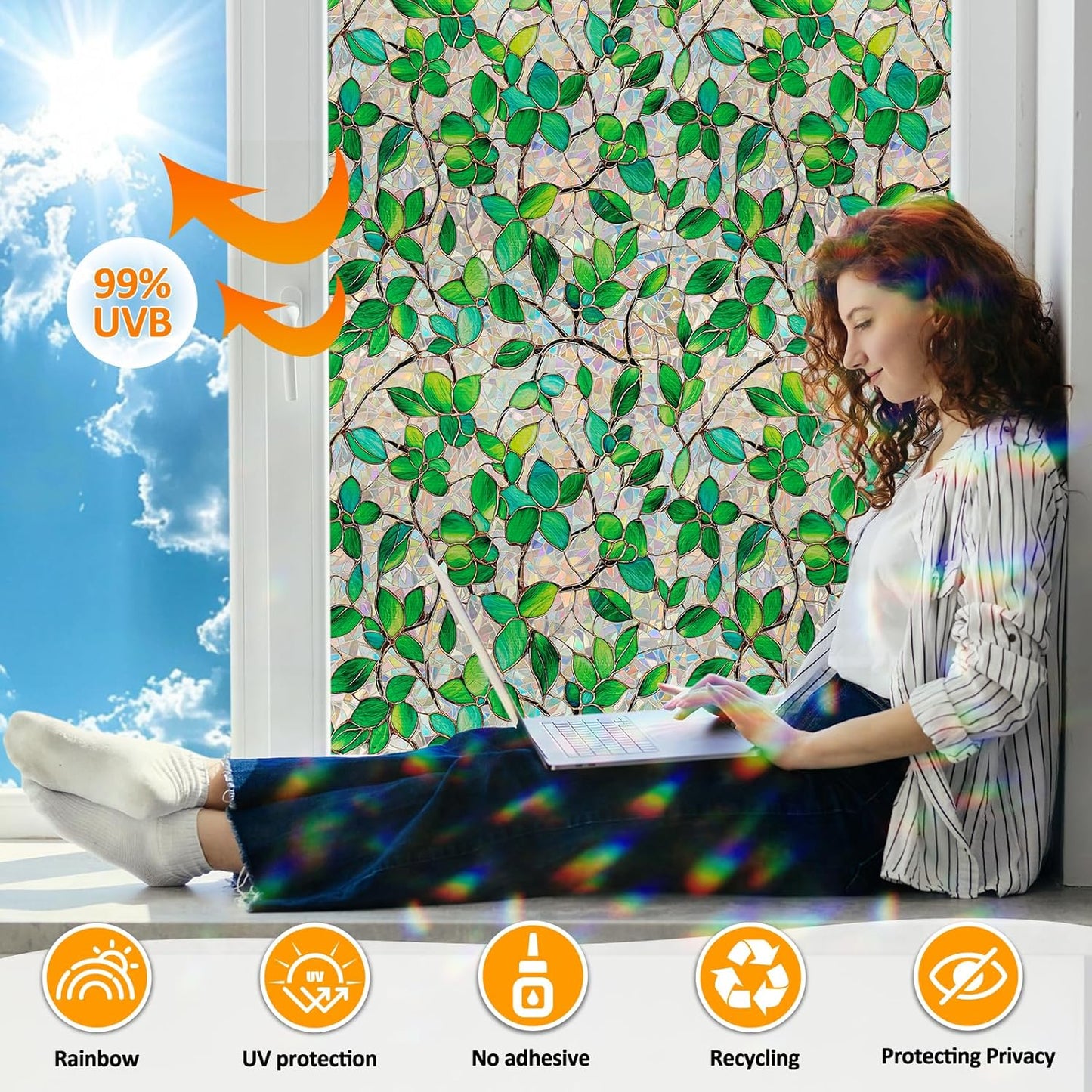 Window Privacy Film Stain Glass Window Film Rainbow Window Film Window clings Non-Adhesive Reusable Decorative for Room (Greenery Leaf, 23.6 x 78.7 in)