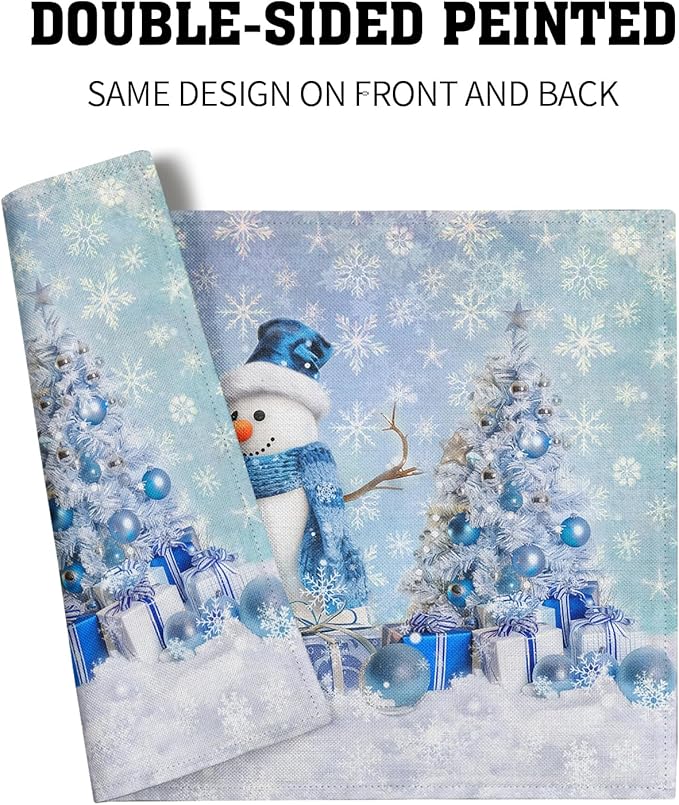 Giwawa Blue Snowman Placemats Set of 4 Christmas Trees Balls Winter Snowflakes Linen Place Mat Xmas Snow Scenery Non Slip Heat Resistant Table Mats 12"x18" for Kitchen Dining Holiday New Year Decor
