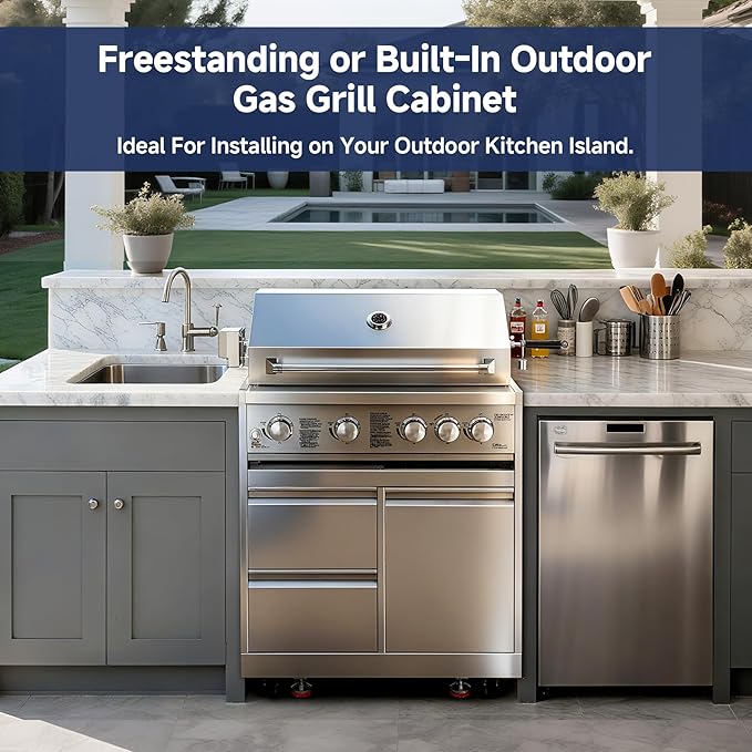 BODEGA Outdoor Kitchen Cabinets for Built-in BBQ Grill with 2 Drawers and Propane Tank Storage, Stainless Steel Outdoor Kitchen Drawer Suitable for 30 Inch Propane Grills.