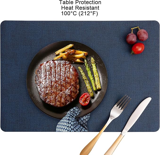 Myir JUN Placemats Dual Sided, Faux Leather Place Mats Set of 6 Indoor Placemat for Dining Table Outdoor Place Mat Manteles Individuales Square Non-Slip Washable Table Mats (Gray Blue, Set of 6)