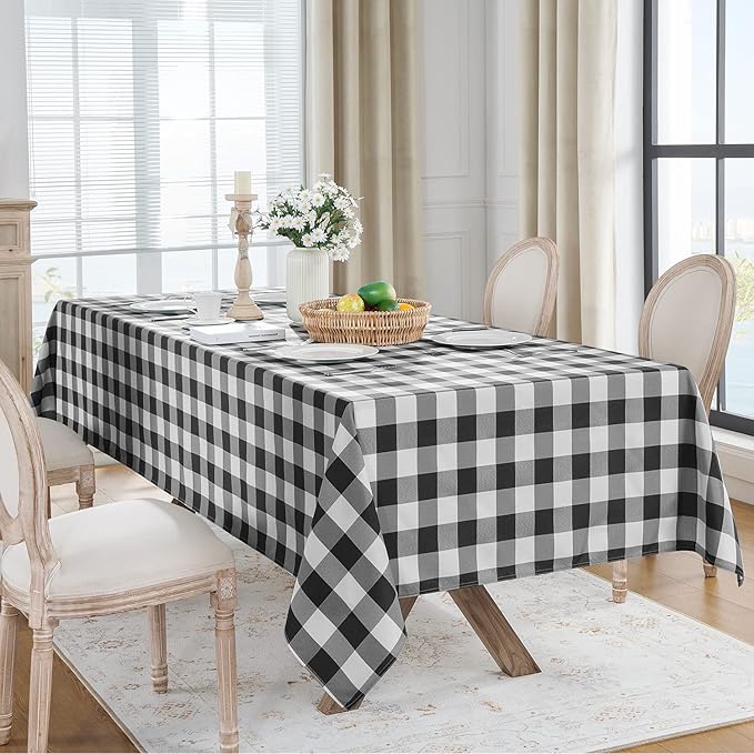 Softalker Gingham Checkered Tablecloth Rectangle - Outdoor Waterproof Buffalo Plaid Table Cloth, Stain Resistant Washable Table Cover for Picnic, Camping, Dining - Black and White, 60 x 102 Inch