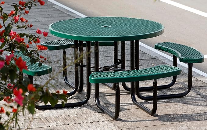 46'' Round Metal Picnic Table for Outdoors, Commercial Steel Metal Picnic Tables, Heavy Duty Sturdy Picnic Tables Furniture Set for Patio Garden Courtyard BBQ, with Umbrella Hole, Green