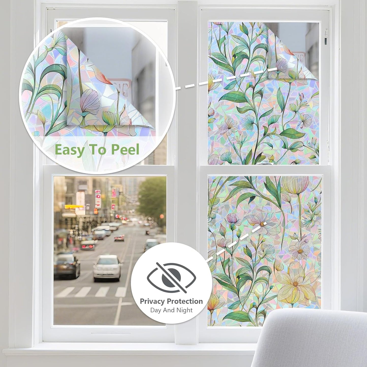 FINNEZ Window Privacy Film Stain Glass Film Flowers Rainbow Window Film Window Clings Non-Adhesive Reusable Decorative for Home（Forest Rainbow，23.6 Inch x 6.5 Feet）