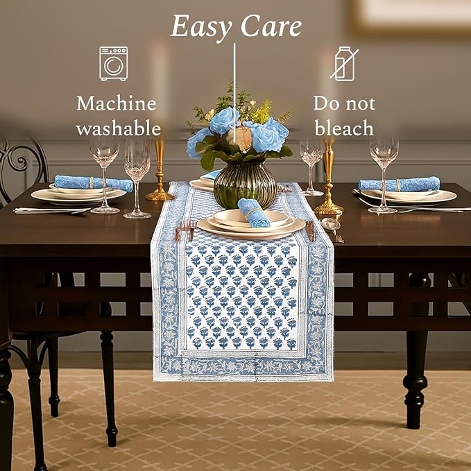 CPC Cotton Table Runner 16x108 Inch Block Printed Long Fall Table Runner for Dining Table, Card Table, Coffee Table, Wedding, Farmhouse & Outdoor Barbeque-Apatite Blue