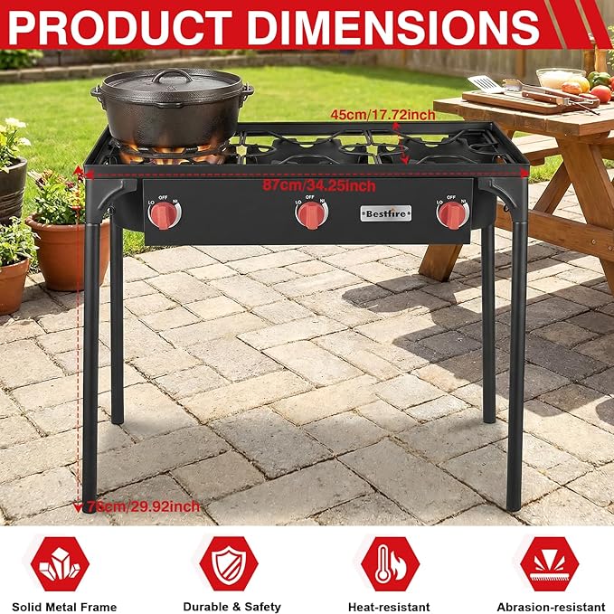 Bestfire 3 Burners Camping Stove for Cooking Outdoor, 225,000 BTU Propane Burners with Ignition wire&Removable Legs, Temperature Control Knobs and 20 PSIG High Pressure Regulator for BBQ