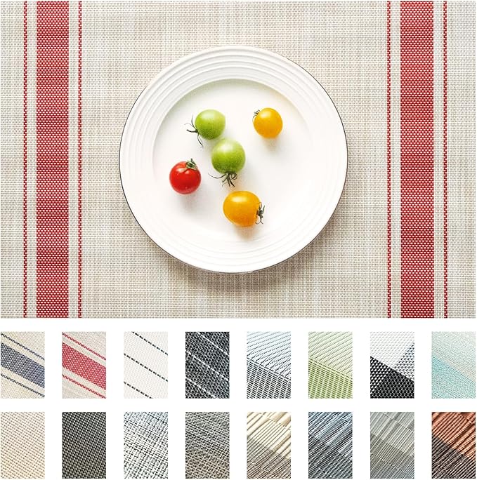 Placemats Set of 8 Vinyl/Plastic Woven Place Mats for Kitchen Table Indoor/Outdoor Washable Placemat Wipeable Dining Table Mats (Khaki Red,8)