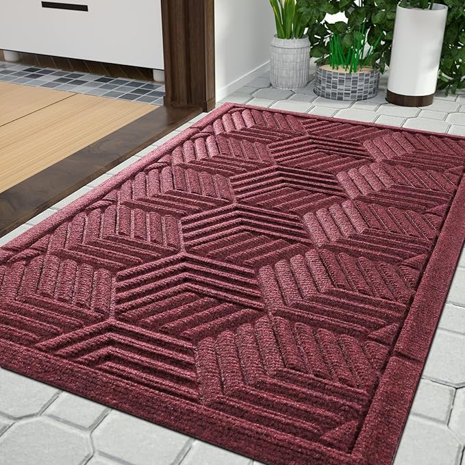 Yimobra Front Door Mat, All-Season Waterproof Outdoor Mat for Entrance with Drainage Holes, Heavy Duty Non-Slip Doormat for Garage Patio Entryway Indoor, 29.5x17, Red
