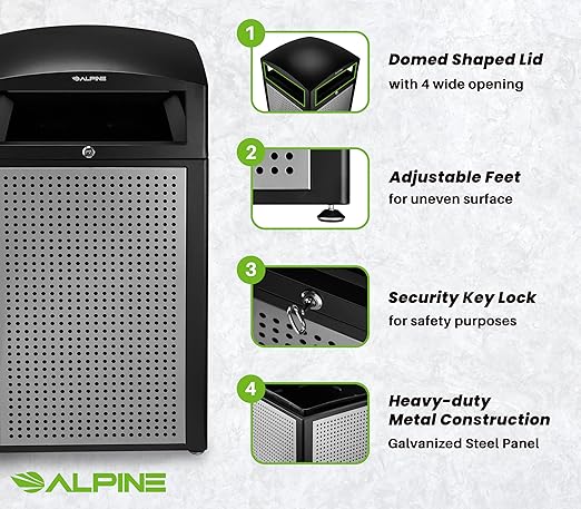 Alpine Industries 40 Gallon Commercial Outdoor Trash Can, Metal with Removable Bin & Locking Lid (Black & Grey)