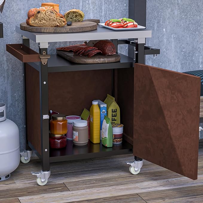 Outdoor Grill Cart with Stainless Steel Tabletop, Storage, Patio Kitchen Island with Wheels, Hooks, and Spice Rack, Waterproof Outdoor Grill Table, Movable BBQ Serving Cart Rolling Bar Cart