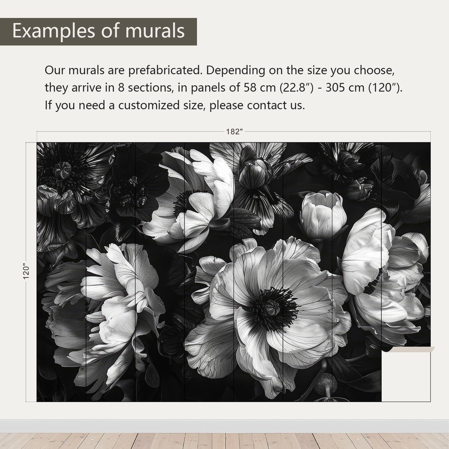 AFZEVEB-Black Peony Floral Wallpaper Vintage Large Flower Wall murals for Bedroom 182"x120"(Not Peel and Stick)