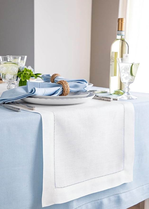 Solino Home Linen White Table Runner 132 Inches Long - 100% Pure Linen Extra Long Table Runner 14 x 132 Inch for Valentines, Spring, Easter - Classic Hemstitch