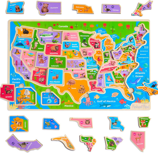 Montessori Mama USA Map Wooden Puzzle, Puzzles for Kids Ages 4-6 Educational Toys for 4 Year Old Kids Puzzles Ages 5-8 Landmarks, Animals, Capitols and States