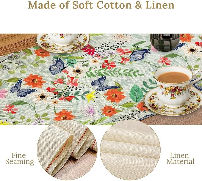 Butterfly Table Runner, Colorful Wildflower Butterfly Spring Table Runner for Holiday Kitchen Dining Home Party Outdoor 13x60in