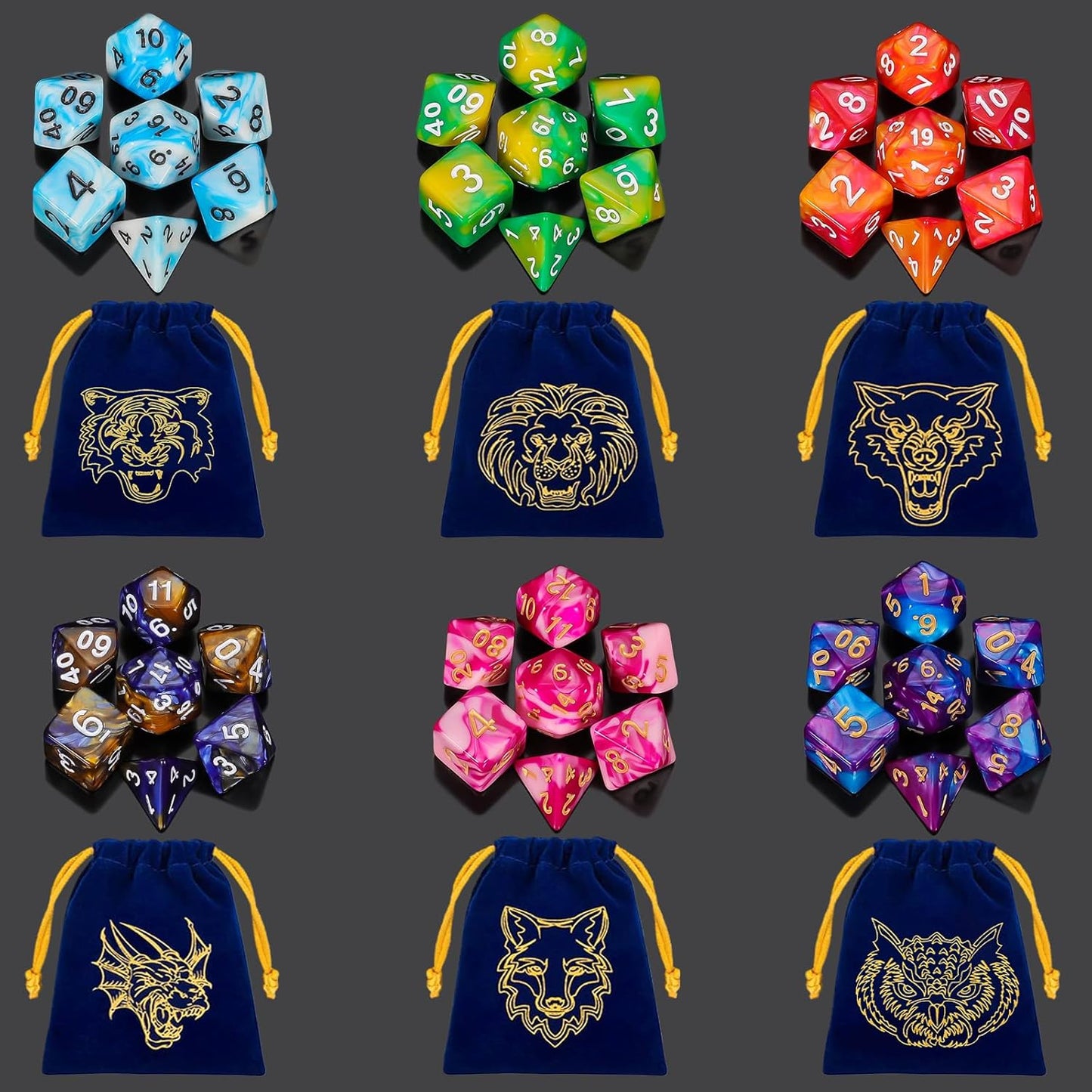 QMay DND Dice - 42pcs Polyhedral Dice, 6 Set Complete Double-Colors D&D Dice Sets with 6 Blue Drawstring Bags for Dungeons and Dragons RPG MTG Table Games