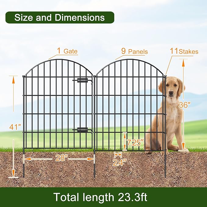 Metal Garden Fence with Gate 36in (H) x 23.3ft (L), 1 Gate+ 9 Panels Dog Fence Border Fence Animal Barrier, No Dig Garden Fencing for Yard Flower Bed Lawn Patio Outdoor, ECG3610, Black