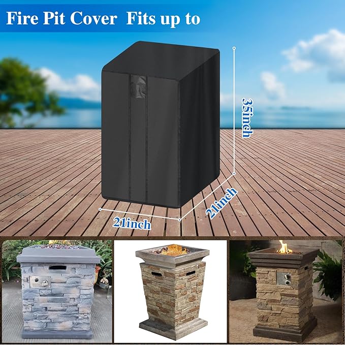 Fire Pit Cover Square- Waterproof Firepit Covers Square (21L x 21W x 35H inches, Black) Outdoor Fireplace Cover Weatherproof and Non Fading