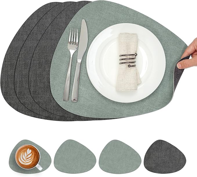 Placemats and Coasters, Washable Reversible Placemats Round Faux Leather Wipeable Place Mats Non Slip Heat Resistant Indoor Outdoor Table Mats (Set of 4, Gray Sage Green)