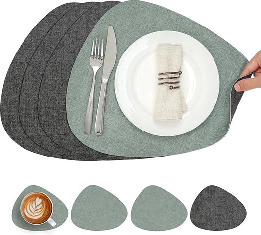 Placemats and Coasters, Washable Reversible Placemats Round Faux Leather Wipeable Place Mats Non Slip Heat Resistant Indoor Outdoor Table Mats (Set of 4, Gray Sage Green)
