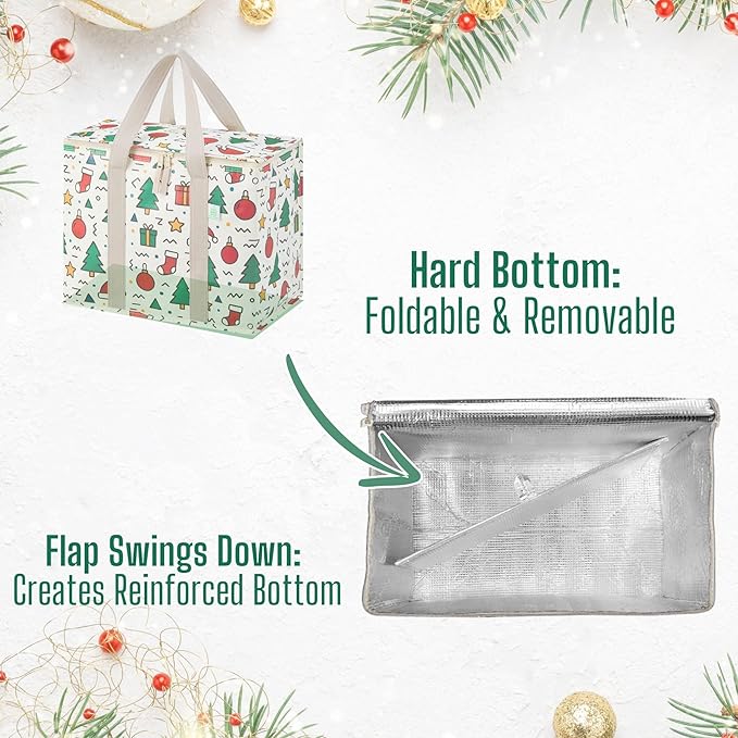 VENO 2 Pack Cooler Bag, Insulated Grocery Bags for Food Delivery, Collapsible Cooler, Reusable Shopping Bags for Groceries, Hard Bottom, Zippered, Foldable, Christmas Pattern (Jingle Mix, 2 Pack)