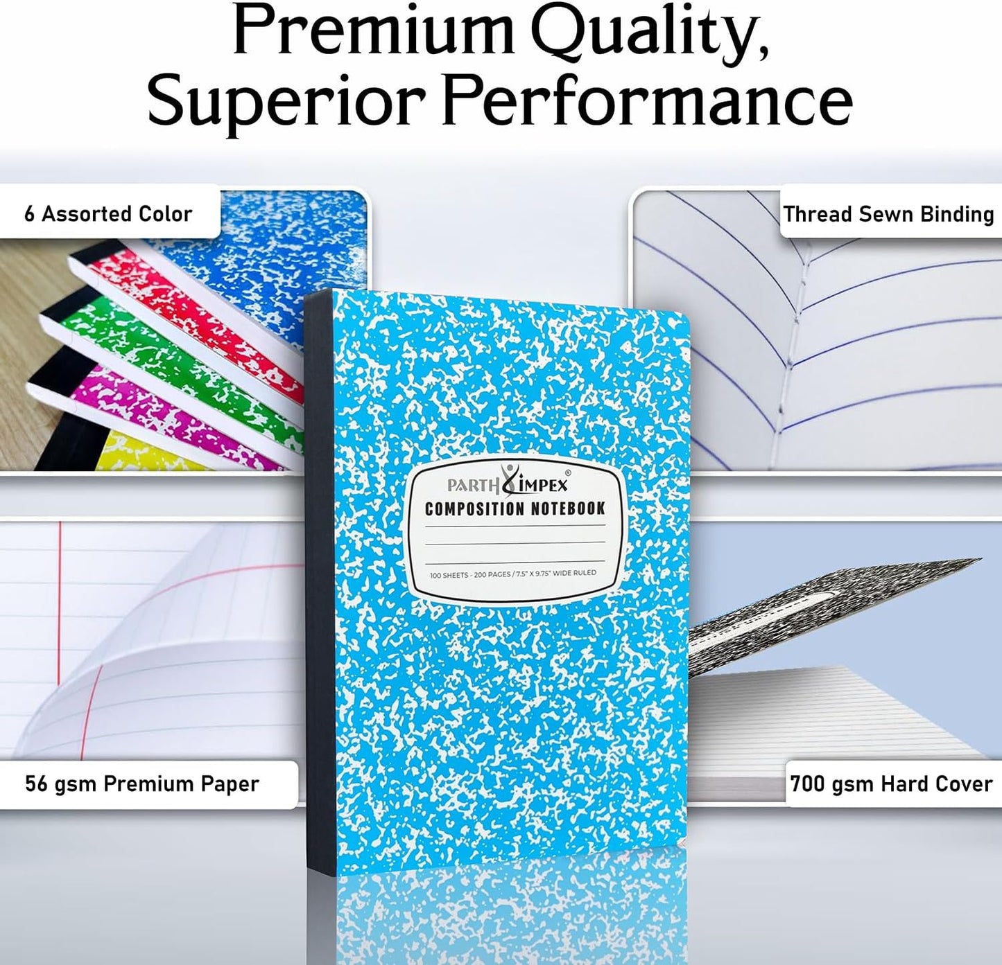 PARTH iMPEX 12 Pack Bulk Composition Notebooks Wide Ruled, 200 Pages (100 Sheets), 9-3/4 x 7-1/2, Hard Cover Wide Ruled Notebooks in 6 Assorted Colors, Composition Notebook For School College Office