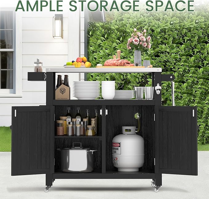 Weatherproof HIPS Outdoor Kitchen Island with Stainless Steel Top & Storage Cabinet, Movable Prep Table with Wheels for BBQ Food Prep, Outdoor Grill Cart for Parties, Black