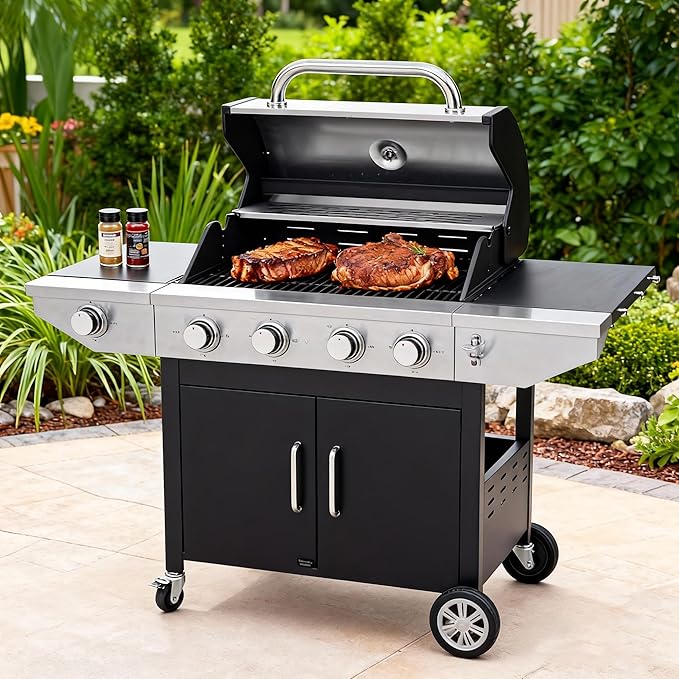 Zateety 4 Burner Propane Grill - 46,500 BTU Gas Grill with Side Burner, Stainless Steel with Iron Cast Grates for Outdoor Cooking, Patio, Camping BBQ, Garden Barbecue Grill, Black and Silver