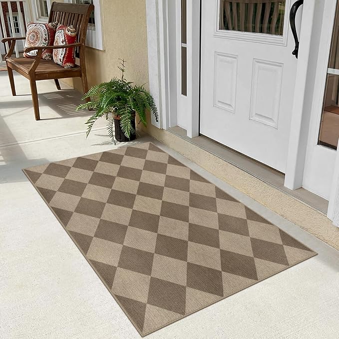 Easy Jute Checkered Entryway Rug, 2.6x4 Brown Modern Indoor Outdoor Doormat, Washable Non-Slip Neutral Kitchen Rug Farmhouse Diamond Throw Rugs for Entrance Bedroom Bathroom