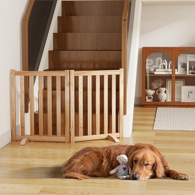 24" Height Tall Freestanding Pet Gate, Solid Wood Folding Safety Fence Wooden Dog Gate with 2 PCs Support Feet Ideal for Stairs, Doorways, Halls, Kitchens, Heavy Duty Gates, 2 Panels, Natural