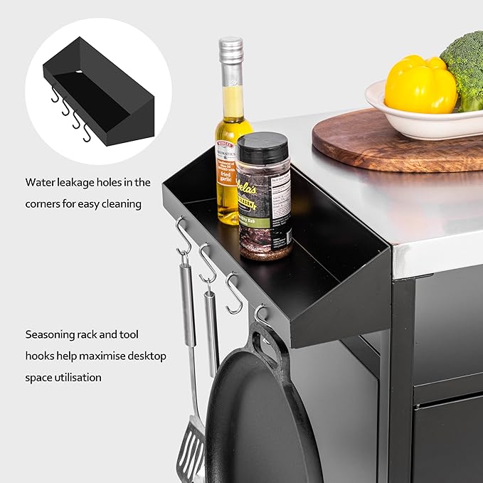 Grill Table Outdoor Kitchen Cabinet, Moveable Outdoor Prep Table & Bar for Storage, Grilling and Pizza Oven, Multifunctional Silver & Black