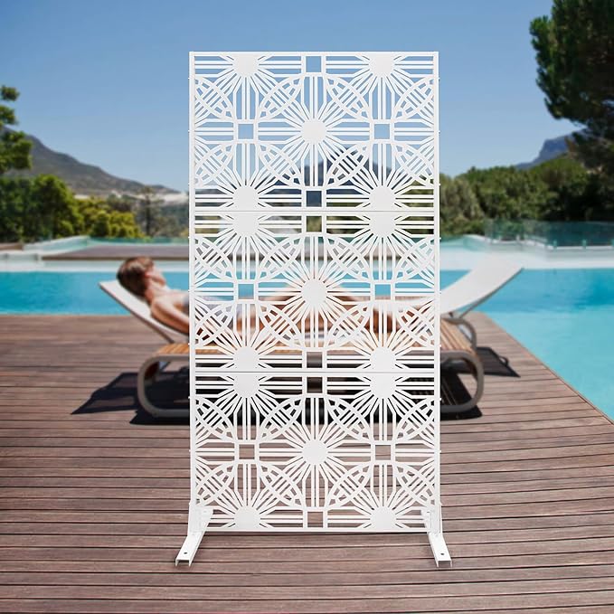 Patio Privacy Screen,Patio Privacy Divider with Stand, Decorative Privacy Fence Screen for Garden Backyard Balcony,Outdoor Decorative Panels for Balconies, Courtyards,Swimming Pools (Flower White)
