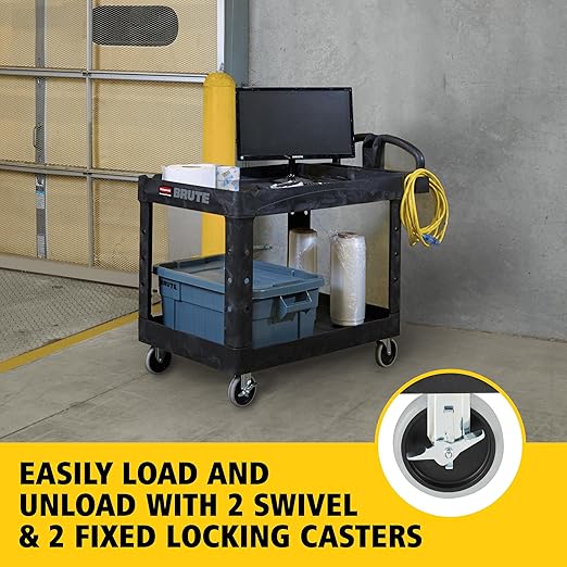 Rubbermaid Commercial Products 2-Shelf Utility/Service Cart, Medium, Black, Lipped Shelves, Ergonomic Handle, 500 Lbs Capacity, forfor Warehouse/Garage/Cleaning/Manufacturing