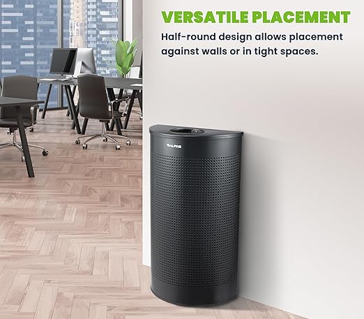 Alpine Half Round Trash Can Open Top - Modern Black Metal 12 Gallon Half Moon, Space Saving Indoor Commercial Trash Cans with Lid, Narrow Garbage Can for Bathroom, Office, Lobby and Business.