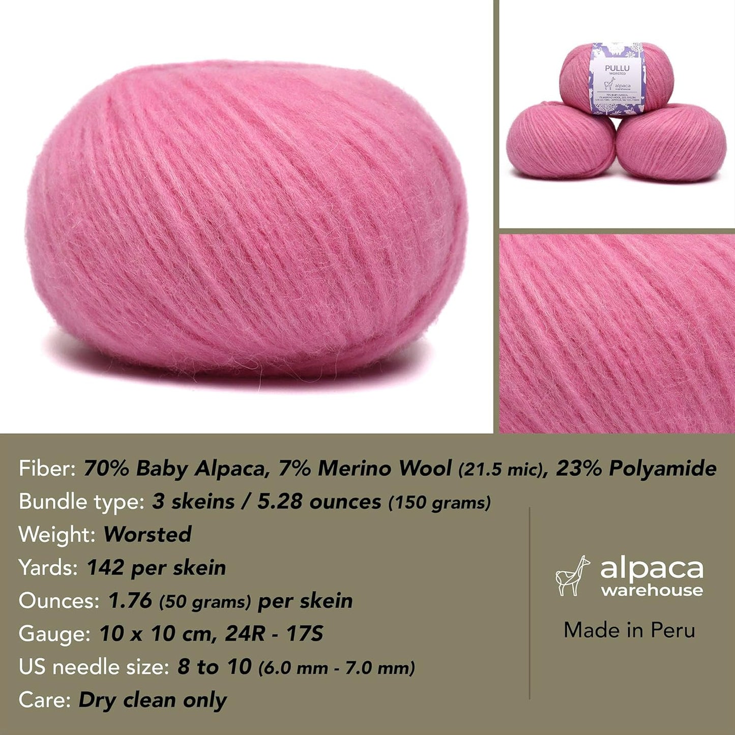 Pullu - Baby Alpaca Merino Wool Yarn Set of 3 Skeins (150 Grams) Worsted Weight - Sourced Directly from Peru - Heavenly Soft and Perfect for Knitting and Crocheting (Cotton Candy)