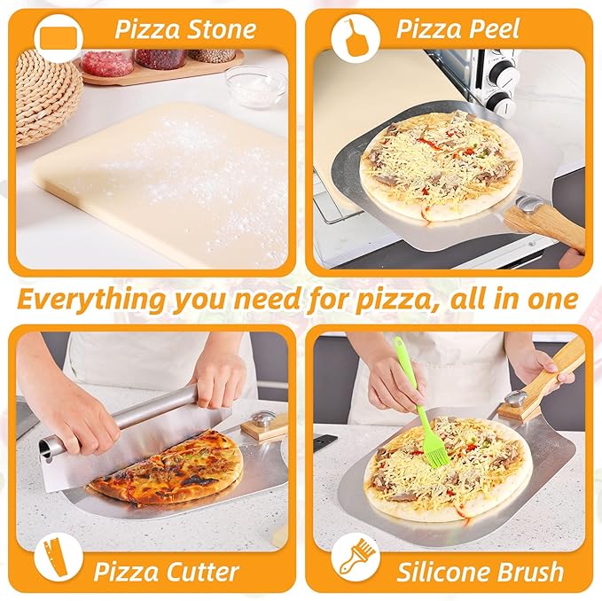 Pizza Stone 5 PCS Set, 15 x 12" Large Rectangle Pizza Stone Set for Oven and Grill with Metal Pizza Peels & Cutter Rocker, 0.6'' Thickened Stone Pizza Pan, Baking Stone for Pizza, Bread
