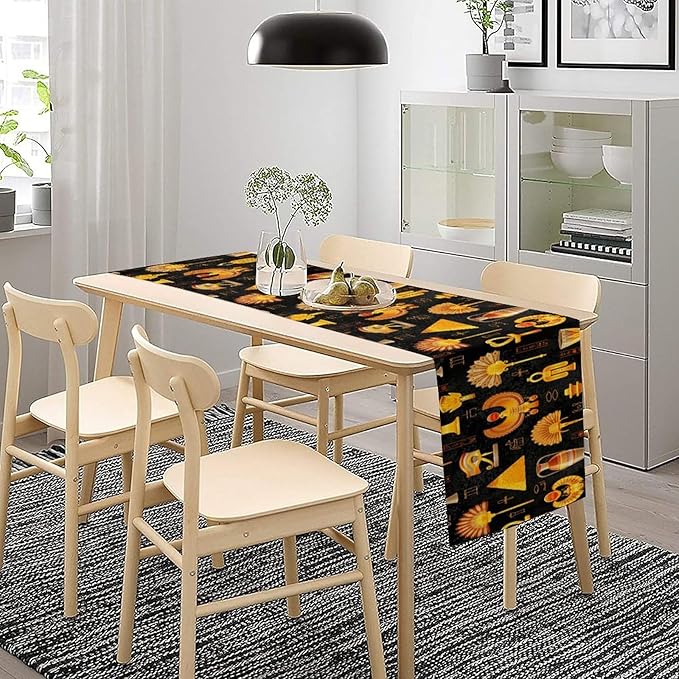 Egyptian Table Runner, Retro Egypt Mural Old Hieroglyphic Elements Ancient Mythology Hieroglyph Symbol Printed Kitchen Dining Table Runner for Kitchen Living Room Home Party 13x108in